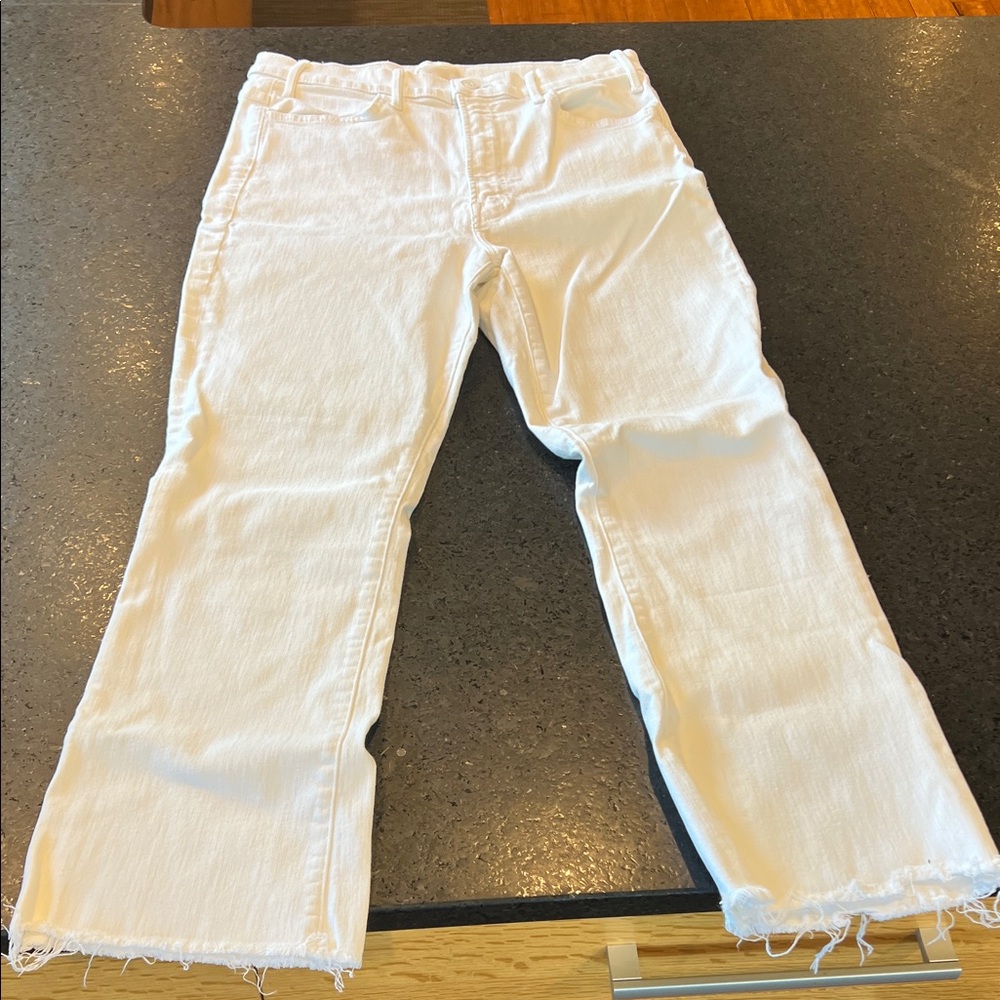 MOTHER White Straight Leg Jeans with Frayed Hem
